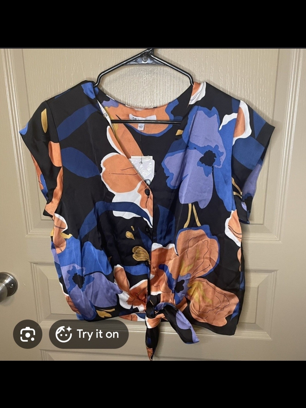 DR2 Black Floral Tie-Front V-Neck Top with Blue & Orange Blooms